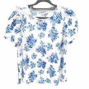 LOFT Womens NEW Medium Petite MP Top White Blue Floral Linen Cottagecore Tee